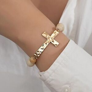 Gold Hammered Cross Beaded Bracelet Neutral Stone Boho Christian Jewelry Gift